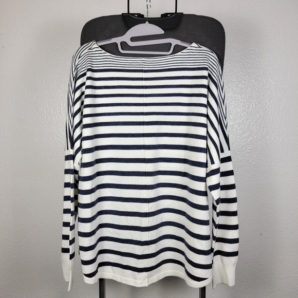 French Connection Navy White Drop Shoulder Boat Neck Striped Sweater Women Sz L - Picture 2 of 7